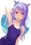  1girl animal_ears arm_behind_back arm_up bangs bare_shoulders blush breasts cac_itinose collarbone commentary_request covered_navel day dutch_angle goggles goggles_removed highres horse_ears long_hair mejiro_mcqueen_(umamusume) one-piece_swimsuit open_mouth purple_eyes purple_hair purple_swimsuit revision small_breasts solo swept_bangs swimsuit umamusume upper_body wet wet_hair 
