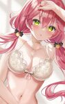  1girl arm_up armpits bare_arms bare_shoulders bra breasts breasts_day choker cleavage collarbone green_eyes highres hololive large_breasts lingerie long_hair looking_at_viewer motsunuki navel parted_lips pink_hair sakura_miko solo stomach twintails underwear upper_body virtual_youtuber white_bra 