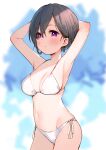  1girl :o armpits arms_behind_head arms_up bangs bare_arms bare_shoulders bikini black_hair blurry blurry_background blush breasts cleavage commentary cowboy_shot depth_of_field eyebrows_visible_through_hair groin hair_between_eyes highres looking_at_viewer medium_breasts meito_(maze) navel original parted_lips purple_eyes side-tie_bikini solo swimsuit symbol-only_commentary white_bikini 