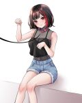  &gt;:( 1girl angry bang_dream! bangs bare_legs black_camisole black_hair blush breasts camisole camisole_over_clothes cleavage closed_mouth collar cutoffs denim denim_shorts feet_out_of_frame frown head_tilt highres leash looking_at_viewer medium_breasts mitake_ran multicolored_hair paw_pose ptal purple_eyes red_collar sheer_clothes short_hair shorts sitting sleeveless solo spaghetti_strap streaked_hair v-shaped_eyebrows white_background 