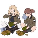  2girls alisa_(girls_und_panzer) bangs black_footwear black_shirt black_shorts blonde_hair blue_eyes blue_shorts boots brown_eyes brown_hair brown_jacket commentary cup eating emblem freckles girls_und_panzer grey_legwear hair_intakes hair_ornament half-closed_eyes highres holding indian_style jacket kay_(girls_und_panzer) loafers long_hair long_sleeves looking_at_viewer military military_uniform mre multiple_girls one_eye_closed onsen_tamago_(hs_egg) open_clothes open_jacket pouch saunders_military_uniform shirt shoes short_hair short_shorts short_twintails shorts side-by-side simple_background sitting socks star_(symbol) star_hair_ornament thighhighs twintails uniform white_background white_legwear 