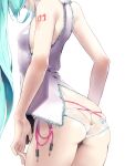  1girl aqua_hair arm_at_side arms_at_sides ass audio_cable audio_jack back bare_arms bare_shoulders breasts butt_crack cable commentary cowboy_shot from_behind hatsune_miku head_out_of_frame highres long_hair no_pants number_tattoo pale_skin panties panties_day parted_lips rsk_(tbhono) shoulder_tattoo sideboob skindentation sleeveless solo standing striped striped_panties tattoo twintails underwear vocaloid white_panties 