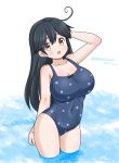  1girl ahoge black_hair breasts brown_eyes casual_one-piece_swimsuit cleavage commentary_request dated kantai_collection large_breasts long_hair masara_(chuujou) one-hour_drawing_challenge one-piece_swimsuit polka_dot polka_dot_swimsuit simple_background solo standing swimsuit twitter_username ushio_(kancolle) wading water white_background 