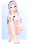  1girl :t absurdres bangs barefoot black_panties blunt_bangs blush commentary convenient_leg crossed_ankles elbow_rest flat_chest full_body hair_down hair_ribbon highres hololive icetea_(8862) legs long_hair looking_at_viewer murasaki_shion off_shoulder oversized_clothes oversized_shirt panties pout ribbon shirt short_eyebrows silver_hair single_bare_shoulder sitting solo t-shirt underwear virtual_youtuber white_shirt yellow_eyes 