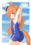 1girl animal_ears armpits arms_behind_head arms_up ass bangs bare_arms bare_shoulders black_ribbon blue_swimsuit blush brown_eyes chestnut_mouth clip_studio_paint_(medium) commentary_request day ear_ribbon eyebrows_visible_through_hair highres horse_ears horse_girl horse_tail long_hair maru_shion mayano_top_gun_(umamusume) one-piece_swimsuit orange_hair parted_lips revision ribbon solo stretch swimsuit tail two_side_up umamusume very_long_hair 