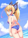  1girl ass azure_striker_gunvolt bare_shoulders blonde_hair breasts butterfly_hair_ornament closed_mouth cloud cougar_(cougar1404) green_eyes hair_ornament long_hair looking_at_viewer lumen_(gunvolt) multicolored_hair ponytail smile solo swimsuit two-tone_hair 