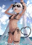  1girl armpits arms_up bikini black_bow black_choker black_ribbon blue_archive blue_sky blush bow breasts choker cleavage closed_mouth commentary_request day demon_tail eyebrows_visible_through_hair eyewear_on_head hair_bow hair_over_one_eye hand_on_headwear heart heart_tail highres horizon iori_(blue_archive) light_rays long_hair looking_at_viewer medium_breasts navel ocean outdoors pointy_ears red_hair ribbon side-tie_bikini silver_hair skindentation sky solo stomach sunbeam sunglasses sunlight swimsuit tail the_olphy thigh_strap twintails very_long_hair wading water 
