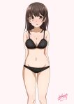  1girl bangs bare_arms bare_shoulders black_bra black_panties bow bow_bra bow_panties bra breasts brown_background brown_eyes brown_hair cleavage collarbone commentary_request dated eyebrows_visible_through_hair feet_out_of_frame groin hige_wo_soru._soshite_joshikousei_wo_hirou. long_hair medium_breasts navel ogiwara_sayu open_mouth panties revision sakayaya signature simple_background solo standing underwear underwear_only 
