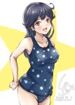  1girl adapted_costume ahoge artist_logo black_hair blue_swimsuit breasts brown_eyes collarbone commentary_request dated highres kantai_collection ld_(luna_dial398) long_hair looking_at_viewer medium_breasts one-hour_drawing_challenge polka_dot polka_dot_swimsuit school_swimsuit smile solo starry_background swimsuit ushio_(kancolle) white_background 