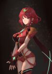  1girl bangs boots breasts closed_mouth earrings gloves hair_between_eyes highres hkytw jewelry looking_at_viewer pyra_(xenoblade) red_eyes red_footwear red_gloves red_hair short_hair short_sleeves smile solo thigh_boots thighhighs tiara xenoblade_chronicles_(series) xenoblade_chronicles_2 