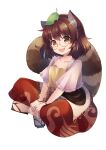 1girl animal_ear_fluff animal_ears bracelet brown_eyes brown_hair collarbone commission fang futatsuiwa_mamizou geta glasses indian_style jewelry leaf leaf_on_head open_mouth raccoon_ears raccoon_tail round_eyewear sen1986 short_hair short_sleeves simple_background sitting skeb_commission solo tabi tail touhou white_background 