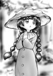  1girl ajirogasa bangs black_hair braid commentary dress grey_dress greyscale hat long_hair long_sleeves monochrome oninamako open_mouth own_hands_together palms_together solo touhou twin_braids yatadera_narumi 