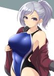  1girl blue_swimsuit breasts collarbone commentary_request competition_swimsuit cowboy_shot grey_eyes highres jacket large_breasts long_hair looking_at_viewer one-piece_swimsuit open_clothes open_jacket original pataneet ponytail purple_jacket silver_hair solo swimsuit 