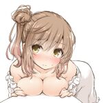  1girl bangs blush breasts brown_eyes brown_hair cleavage closed_mouth collarbone commission dress eyebrows_visible_through_hair hair_bun large_breasts leaning_forward long_hair satou_sasara side_ponytail skeb_commission solo voiceroid white_dress 