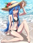  1girl bangs barefoot beach bikini black_bikini blue_hair bracelet breasts brown_headwear commentary_request eyebrows_visible_through_hair flower full_body hand_on_headwear hat hat_flower highres hinanawi_tenshi jewelry knee_up long_hair looking_at_viewer navel open_mouth outdoors red_eyes red_flower sitting small_breasts solo straw_hat swimsuit touhou white_flower yoshinatsu 
