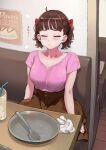  1girl :t after_meal ahoge blush breasts brown_hair brown_skirt cleavage closed_eyes commentary cowboy_shot cup drink drinking_straw eyebrows_visible_through_hair eyelashes hair_ribbon ice ice_cube jun_(seojh1029) looking_at_viewer medium_breasts miniskirt open_mouth original pink_shirt plate pout red_ribbon restaurant ribbon shirt shirt_tucked_in short_hair short_sleeves sitting skirt solo spoon table towel translated twintails v-neck 