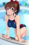  1girl arm_support bangs bare_arms bare_legs bare_shoulders barefoot bench blue_eyes blue_swimsuit blurry blurry_background bow breasts brown_hair closed_mouth collarbone commentary competition_swimsuit eyebrows_visible_through_hair hair_bow idolmaster idolmaster_million_live! idolmaster_million_live!_theater_days kamille_(vcx68) looking_at_viewer medium_breasts medium_hair one-piece_swimsuit partially_submerged ponytail pool puddle red_bow satake_minako smile solo swimsuit tile_floor tiles water water_drop wet wet_clothes wet_swimsuit window 