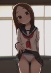  1girl black_skirt blurry blurry_background blush brown_eyes brown_hair clothes_lift commentary cowboy_shot flashing head_tilt highres karakai_jouzu_no_takagi-san lifted_by_self long_hair neckerchief panties pantyshot parted_hair pleated_skirt raised_eyebrows red_neckwear school_uniform serafuku shirt skirt skirt_lift smile solo takagi-san teasing underwear white_shirt window ysp6608 