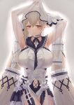  1girl absurdly_long_hair absurdres armpits arms_behind_head azur_lane black_choker black_neckwear black_sailor_collar bow_dress breasts choker clothing_cutout dress dress_flower feather_dress flower formidable_(azur_lane) formidable_(timeless_classics)_(azur_lane) grey_background hair_ornament highres huge_breasts ichikushi_mojibake long_hair looking_at_viewer navel_cutout official_alternate_costume platinum_blonde_hair red_eyes sailor_collar simple_background twintails two-tone_dress two-tone_ribbon veil very_long_hair white_dress white_flower 