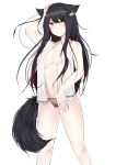  1girl absurdres animal_ears arknights black_hair black_panties blush breasts cleavage commentary dated_commentary ear_piercing feet_out_of_frame gradient_hair hand_on_head highres large_breasts looking_at_viewer multicolored_hair no_bra panties piercing red_eyes red_hair samip simple_background slit_pupils solo standing tail texas_(arknights) towel towel_around_neck underwear white_background wolf_ears wolf_girl wolf_tail 