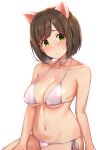  1girl animal_ears bell bikini blush breasts brown_hair cat_ears choker fake_animal_ears green_eyes idolmaster idolmaster_cinderella_girls jingle_bell looking_at_viewer maekawa_miku medium_breasts navel neck_bell short_hair side-tie_bikini simple_background sitting solo swimsuit tomajiyama white_background white_bikini white_choker 