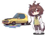  1girl absurdres agnes_tachyon_(umamusume) ahoge animal_ears black_neckwear brown_hair car chemical_structure chibi collared_shirt commentary_request ear_piercing earrings ford ford_mustang ground_vehicle highres horse_ears horse_girl horse_tail jewelry labcoat motor_vehicle muscle_car necktie pantyhose partial_commentary piercing red_eyes sakusan_(ss-awesome) shirt shoes short_necktie single_earring sleeves_past_wrists solo sweater_vest tail test_tube umamusume white_footwear 