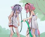  2others blue_hair braid closed_eyes collared_shirt commentary dripping feet_out_of_frame gradient_hair gynoid_talk hair_flaps hakama_pants headband holding_hose horns hose ishitsuki_(_0101_831) long_hair meika_hime meika_mikoto multicolored_hair multiple_others open_mouth outdoors pink_hair red_shorts sailor_collar shirt shorts sketch sleeveless sleeveless_shirt smile standing thick_eyebrows tree very_long_hair vocaloid water wet white_shirt 