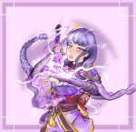  1girl akairos4 armor artist_name bangs blush braid breasts bridal_gauntlets commentary electricity english_commentary flower genshin_impact hair_ornament highres holding holding_sword holding_weapon japanese_clothes kimono long_hair looking_at_viewer mole mole_under_eye open_mouth purple_background purple_eyes purple_flower purple_hair raiden_(genshin_impact) ribbon sash shoulder_armor simple_background solo sword tassel weapon 