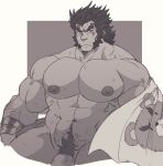  1boy abs absurdres animal_print arm_hair bara bear_print blush cropped_legs dragalia_lost highres juggermelon large_pectorals long_sideburns looking_at_viewer male_focus male_pubic_hair mature_male muscular muscular_male naked_towel navel navel_hair nipples nude pectorals penis_peek pubic_hair short_hair sideburns solo stomach sweat sweatdrop thick_eyebrows thick_thighs thighs towel valyx_(dragalia_lost) 