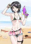  1girl akisora areola_slip areolae arm_up bangs beach belt bikini black_hair blurry blurry_background breasts brown_gloves camouflage camouflage_bikini commentary condom cum cum_in_mouth cum_on_body cum_on_breasts cum_on_clothes cum_on_tongue danganronpa:_trigger_happy_havoc danganronpa_(series) facial female_pubic_hair gloves gun hand_up highres holding holding_water_gun holster ikusaba_mukuro jewelry looking_at_viewer lying micro_shorts navel_piercing necklace ocean on_back on_stomach open_mouth people piercing pubic_hair shorts solo_focus swimsuit thigh_holster tongue tongue_out used_condom water_gun weapon 
