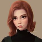  1girl brown_background brown_eyes brown_hair close-up closed_mouth elizabeth_harmon face lips looking_at_viewer portrait short_hair solo the_queen&#039;s_gambit turtleneck umigraphics watermark 
