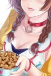  1girl animal_collar bowl braid breasts brown_hair brz cleavage collar dog_treat drooling head_out_of_frame highres hololive inugami_korone long_hair low_twin_braids lower_teeth parted_lips pet_bowl scooby-doo twin_braids virtual_youtuber 