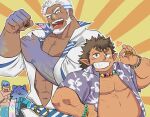  4boys abs aegir_(tokyo_houkago_summoners) anchor_earrings aqua_hair bara beard blue_eyes character_request chest_hair dark-skinned_male dark_skin earrings facial_hair fat fat_man fins hawaiian_shirt highres jewelry long_sideburns male_cleavage male_focus mature_male money_gesture multicolored_hair multiple_boys muscular muscular_male navel open_clothes open_shirt pectorals purple_shirt shirt short_hair sideburns single_earring stomach streaked_hair tokyo_houkago_summoners white_hair white_shirt yakisoba_ohmori 