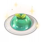 artist_request commentary dessert english_commentary food food_focus genshin_impact green_theme jelly leaf lowres mint no_humans official_art plate shiny sparkle still_life third-party_source transparent_background 