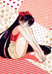  1990s_(style) 1girl bad_link bangs barefoot bishoujo_senshi_sailor_moon black_eyes black_hair earrings hands_on_feet hands_together highres hino_rei jewelry knees_up legs_together long_hair official_art retro_artstyle scan shorts sitting solo stud_earrings very_long_hair 