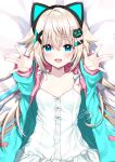  1girl :d animal_ears bangs bed_sheet blonde_hair blue_eyes blue_jacket blush breasts cat_ears cat_hair_ornament collarbone commentary_request dakimakura_(medium) dress eyebrows_visible_through_hair fake_animal_ears fang frilled_dress frills hair_between_eyes hair_ornament hairclip indie_virtual_youtuber jacket long_hair long_sleeves looking_at_viewer lying on_back open_clothes open_jacket open_mouth outstretched_arms signature small_breasts smile solo uchuuneko uchuuneko_(vtuber) very_long_hair virtual_youtuber white_dress x_hair_ornament 