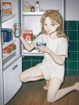  1girl alcohol bad_link bangs barefoot beer beer_can blonde_hair brown_eyes can cup holding holding_can holding_cup indoors kneeling long_hair looking_to_the_side original refrigerator shirt short_sleeves solo spoon t-shirt utensil_in_mouth utsuwa0120 white_shirt 
