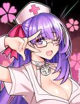  1girl absurdres angie_bunnie bangs bb_(bb_shot!)_(fate) bb_(fate) blush breasts cherry_blossoms cleavage eyebrows_visible_through_hair fang fate/grand_order fate_(series) fingernails flower_(symbol) glasses hair_ribbon hat highres large_breasts long_fingernails long_hair looking_at_viewer nurse nurse_cap one_eye_closed open_mouth purple_eyes purple_hair red_ribbon ribbon skin_fang smile solo twitter_username v_over_eye very_long_hair 
