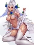  1girl absurdres arm_support azur_lane bangs bare_shoulders blue_flower breasts bridal_veil cleavage crossed_bangs dark_skin detached_sleeves flower high_heels highres long_hair long_sleeves looking_at_viewer medium_breasts minneapolis_(azur_lane) minneapolis_(trapper_white)_(azur_lane) native_american navel official_alternate_costume parted_lips ponytail red_eyes revealing_clothes rose silver_hair sitting solo stomach sweat thighhighs thighs vana veil very_long_hair white_footwear white_legwear yokozuwari 