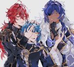  3boys absurdres black_gloves blue_eyes blue_hair dark_skin diluc_(genshin_impact) eyepatch genshin_impact gloves grey_background highres jewelry kaeya_(genshin_impact) mono-caeli multiple_boys red_eyes red_hair ring xingqiu_(genshin_impact) 