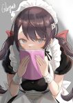  1girl absurdres apron azur_lane breasts brown_dress brown_hair character_name covered_mouth dress glasgow_(azur_lane) grey_background grey_eyes highres holding holding_notebook looking_at_viewer maid_apron maid_headdress medium_breasts notebook puffy_short_sleeves puffy_sleeves sankyo_(821-scoville) short_sleeves solo twintails upper_body white_apron wrist_cuffs 