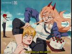  1990s_(style) 1boy 2girls arms_behind_back beach black_neckwear black_pants blonde_hair blue_jacket blue_sky bluethebone braid breasts cake candle carrying chainsaw_man cloud collar collared_shirt day demon_horns denji_(chainsaw_man) english_text eyes_visible_through_hair food fruit hair_behind_ear hair_between_eyes hair_blowing hand_on_another&#039;s_head holding holding_tray horns jacket large_breasts long_hair long_sleeves looking_at_another looking_at_viewer makima_(chainsaw_man) multiple_girls necktie open_clothes open_jacket open_mouth orange_hair outdoors pants pants_rolled_up patreon_username power_(chainsaw_man) red_eyes red_hair red_horns retro_artstyle sharp_teeth shirt shirt_tucked_in short_hair single_braid sky sleeves_rolled_up smile standing strawberry subtitled teeth tongue tongue_out tray 