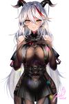  1girl aegir_(azur_lane) azur_lane bare_shoulders black_gloves black_skirt bodystocking breast_curtains breasts covered_navel cowboy_shot cross-laced_clothes dated demon_horns gloves hair_between_eyes hair_on_horn hands_on_own_chest highres horns iron_cross large_breasts long_hair looking_at_viewer miniskirt multicolored_hair navel red_hair signature simple_background skirt streaked_hair taut_clothes thigh_gap two-tone_hair underbust very_long_hair white_background white_hair xes_(xes_5377) yellow_eyes 