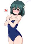  1girl absurdres anger_vein blue_swimsuit blush collarbone commentary_request competition_school_swimsuit dark_green_hair hahahahayato hair_ribbon highres looking_at_viewer love_live! love_live!_nijigasaki_high_school_idol_club mifune_shioriko nose_blush red_eyes ribbon school_swimsuit short_hair simple_background solo spoken_anger_vein swimsuit white_background 