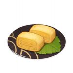  artist_request commentary english_commentary food food_focus genshin_impact leaf lowres no_humans official_art omelet plate still_life tamagoyaki third-party_source transparent_background 