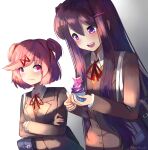  2girls :d artist_name bag bangs commentary crossed_arms cupcake doki_doki_literature_club english_commentary food hair_between_eyes hair_ornament hair_ribbon hairclip highres holding holding_food long_hair long_sleeves making-of_available multiple_girls natsuki_(doki_doki_literature_club) open_mouth pink_eyes pink_hair purple_eyes purple_hair red_ribbon ribbon school_uniform short_hair sidelocks simple_background smile swept_bangs takuyarawr two_side_up upper_teeth yuri_(doki_doki_literature_club) 