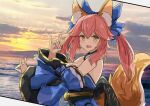  1girl absurdres animal_ear_fluff animal_ears blue_kimono blue_ribbon blush breasts cleavage double_fox_shadow_puppet eyebrows_visible_through_hair fate/extella fate/extra fate/extra_ccc fate/grand_order fate_(series) fox_ears fox_girl fox_shadow_puppet fox_tail hair_ribbon highres japanese_clothes kimono large_breasts looking_at_viewer looking_to_the_side open_mouth pink_hair ribbon solo tail tamamo_(fate) tamamo_no_mae_(fate) wataamis yellow_eyes 