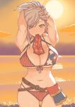  1girl american_flag_bikini armpits arms_behind_head arms_up bangs banned_artist beach belt bikini blue_eyes blush breasts choker cleavage collarbone fate/grand_order fate_(series) flag_print hair_ribbon highres large_breasts long_hair looking_at_viewer miyamoto_musashi_(fate) miyamoto_musashi_(swimsuit_berserker)_(fate) mo_(kireinamo) ocean orange_sky pink_hair ponytail ribbon sky solo sunset swept_bangs swimsuit thighs twilight tying_hair 