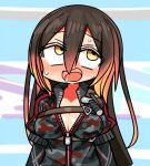  1girl ahegao breasts brown_hair camouflage camouflage_jacket cleavage drooling gradient_hair hair_between_eyes hololive jacket kanikama large_breasts long_hair lowres multicolored_hair open_mouth orange_hair roboco-san smile solo strap sweat tongue upper_body virtual_youtuber 
