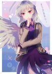  1girl angel_wings arm_under_breasts bangs beige_jacket border bow bowtie braid breasts brooch closed_mouth collared_dress commentary cowboy_shot dress dutch_angle eyebrows_visible_through_hair feathered_wings french_braid hand_on_own_chin hand_up highres jacket jewelry kishin_sagume light_blush light_frown long_sleeves looking_at_viewer medium_breasts medium_hair moyashi_(oekaki_touhou) open_clothes open_jacket outside_border purple_background purple_dress red_bow red_eyes red_neckwear silver_hair simple_background single_wing solo touhou translated white_border wing_collar wings 